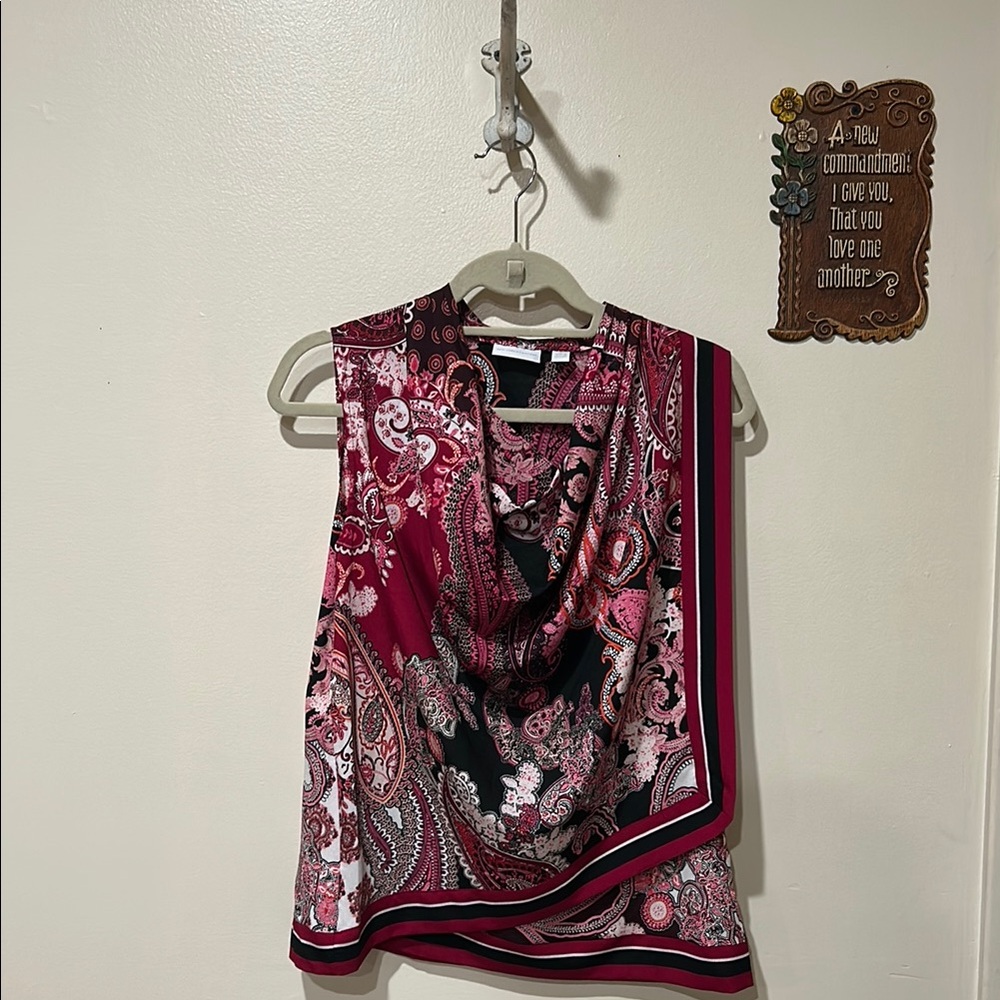 New York & Company Asymmetrical Red and Black Blouse